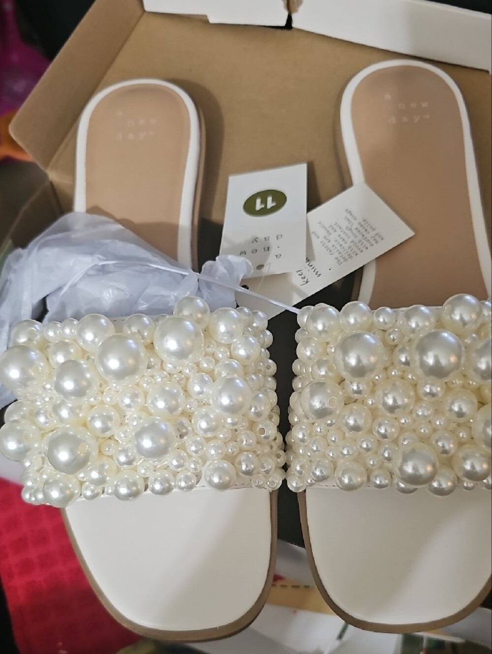 Women's Pearl Embellished White Slide Sandals - Picture 2 of 8